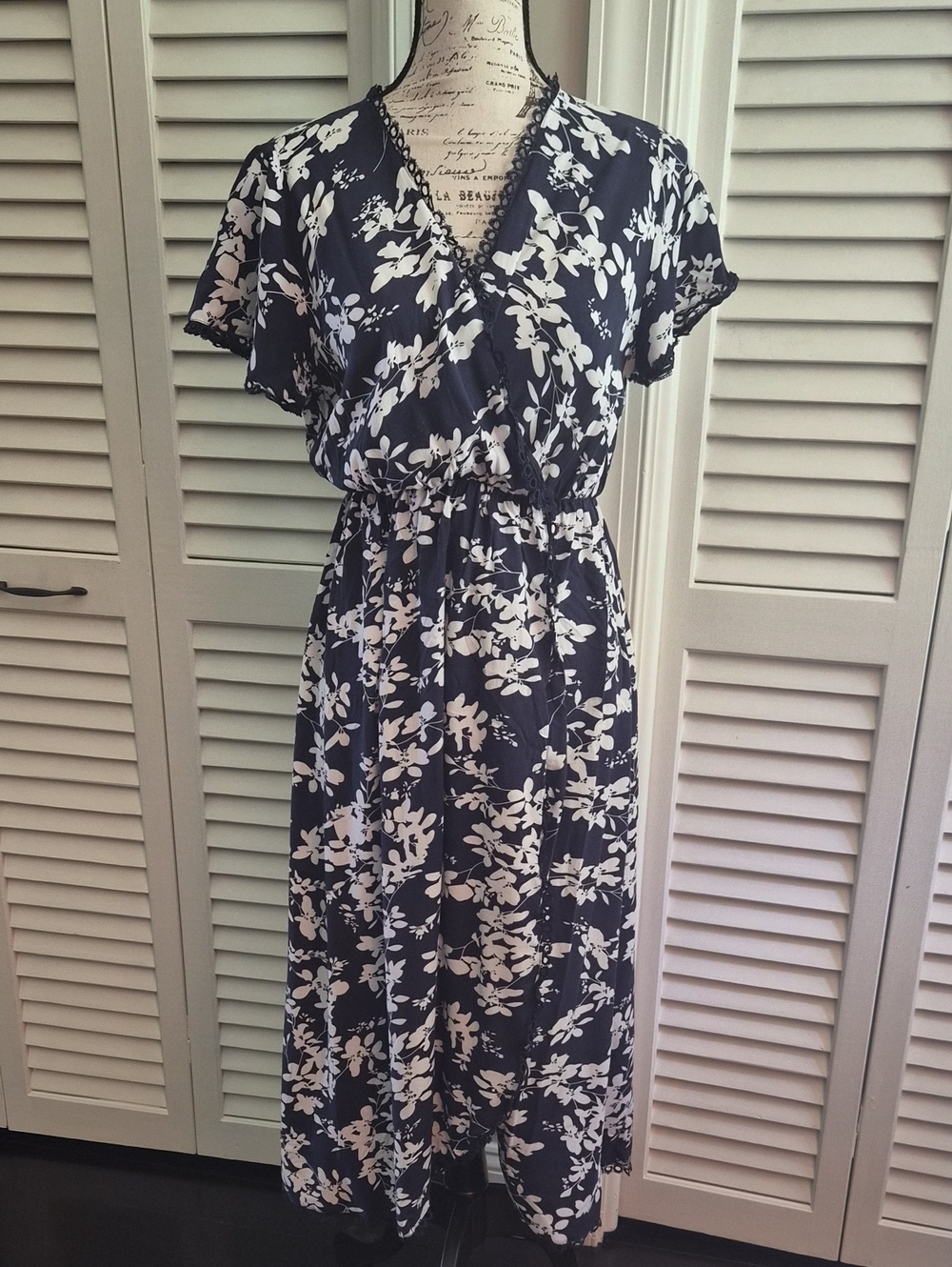 Navy and White Floral FAUX Wrap Midi Dress